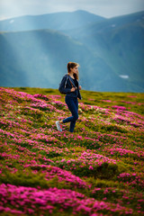 Shot of a young woman looking at the landscape while hiking in the mountains. Flowers in the mountains. Majestic flowers glowing by sunlight. Magic pink rhododendron flowers on summer mountain