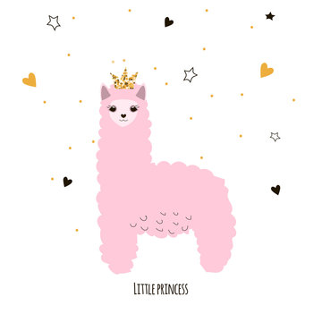 Cute little lama princess. Kids funny poster or print. Vector hand drawn illustration.