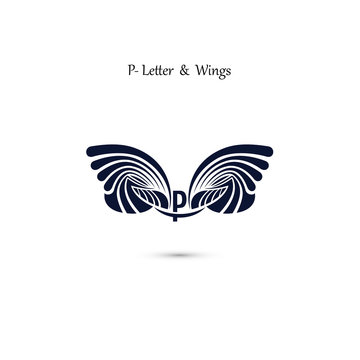 P-letter sign and angel wings.Monogram wing vector logo template.Classic emblem.