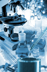 Medical instruments and chemical glassware in the laboratory