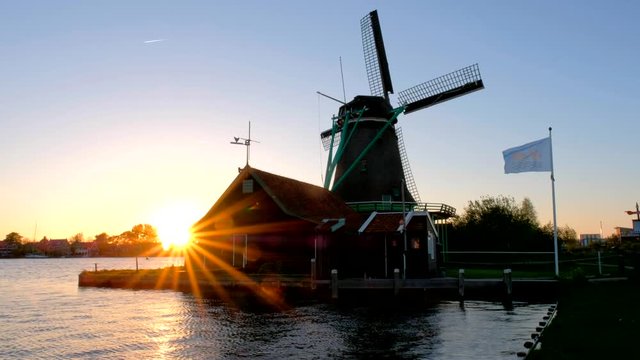 Windmills at Zaanse Schans in Holland. Zaandam, Netherlands