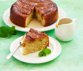 Homemade traditional banana pie with caramel.