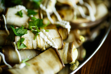 Rolls of eggplant with cheese filling