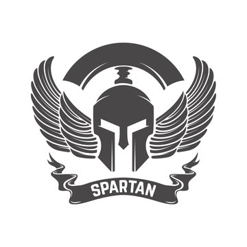 Spartan helmet. Military emblem. Design element for logo, label, emblem, sign. Vector illustration