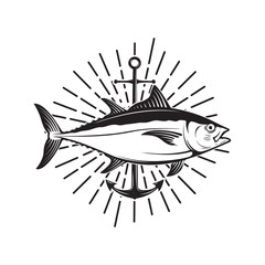 Tuna fishing emblem. Design element for logo, label, emblem, sign. Vector illustration