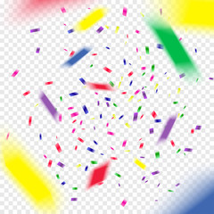 Multicolored paper 3d confetti on transparent background. Realistic holiday decorations flying. Empty space for text. Background for holiday cards, greetings. Colorful flying falling the elements of