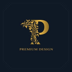 Gold Elegant letter P. Graceful style. Calligraphic beautiful logo. Vintage drawn emblem for book design, brand name, business card, Restaurant, Boutique, Hotel. Vector illustration