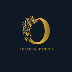 Gold Elegant letter O. Graceful style. Calligraphic beautiful logo. Vintage drawn emblem for book design, brand name, business card, Restaurant, Boutique, Hotel. Vector illustration