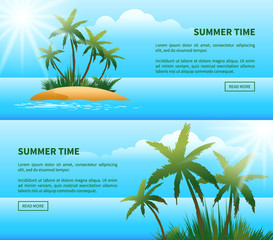 Fototapeta premium Summer time web banners. Tropical island, palm trees, ocean. Vector illustration