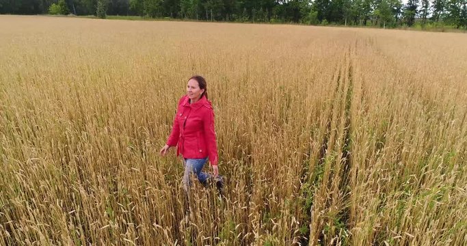 A young girl running through the field of wheat. Shooting from a drone. Sports outdoors