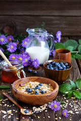 Healthy breakfast of granola with blueberries and nuts and milk. .