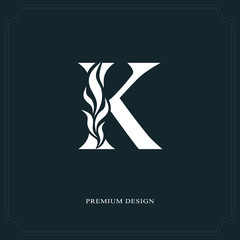 Elegant letter K. Graceful royal style. Calligraphic beautiful logo. Vintage drawn emblem for book design, brand name, business card, Restaurant, Boutique, Hotel. Vector illustration