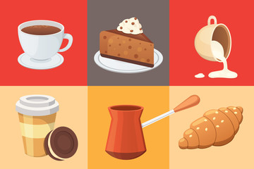 Coffee set and sweet desserts isolated vector illustration. Different drink types including espresso, macchiato, chocolate.