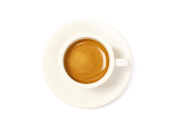 Fototapeta na wymiar Hot coffee espresso top view on white 