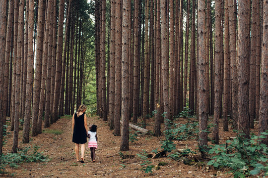 Caucasian mother with black daughter on a nature hike