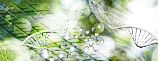 Image of molecular structure and chain of dna on a green background closeup