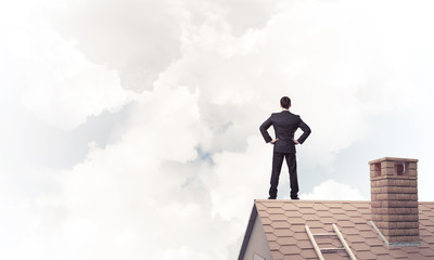 Mister boss on brick roof with arms akimbo. Mixed media