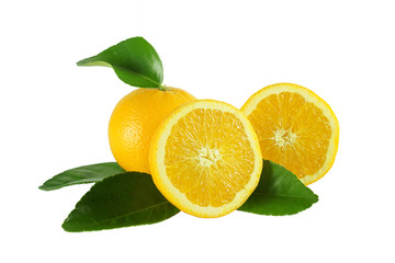 Fresh orange fruit with orange leaf isolated on white background