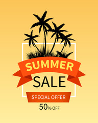 Summer sale banner design with palm trees. Vector illustration