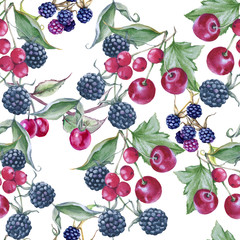 Background of blackberries, cherries and currants. Seamless pattern.