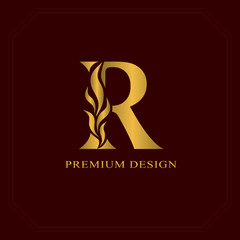 Gold Elegant letter R. Graceful style. Calligraphic beautiful logo. Vintage drawn emblem for book design, brand name, business card, Restaurant, Boutique, Hotel. Vector illustration