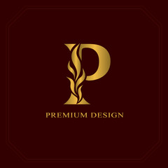 Gold Elegant letter P. Graceful style. Calligraphic beautiful logo. Vintage drawn emblem for book design, brand name, business card, Restaurant, Boutique, Hotel. Vector illustration