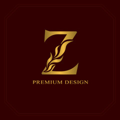 Gold Elegant letter Z. Graceful style. Calligraphic beautiful logo. Vintage drawn emblem for book design, brand name, business card, Restaurant, Boutique, Hotel. Vector illustration