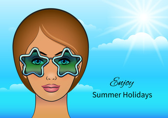 Fototapeta na wymiar Girl in sunglasses stars. Enjoy summer holidays banner. Vector illustration