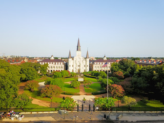 Aerial view of Jackson Square with Saint Louis Cathedral church in morning. A National Historic...