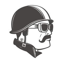 Racer head in helmet. Design element for logo, label, emblem, sign. Vector illustration