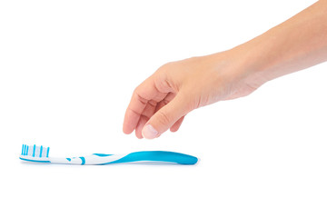 Hand holding tooth brush isolated on white background