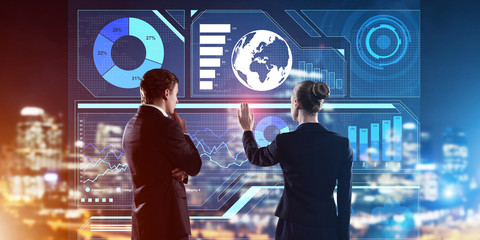 Concept of partnership and cooperation with people using virtual interface