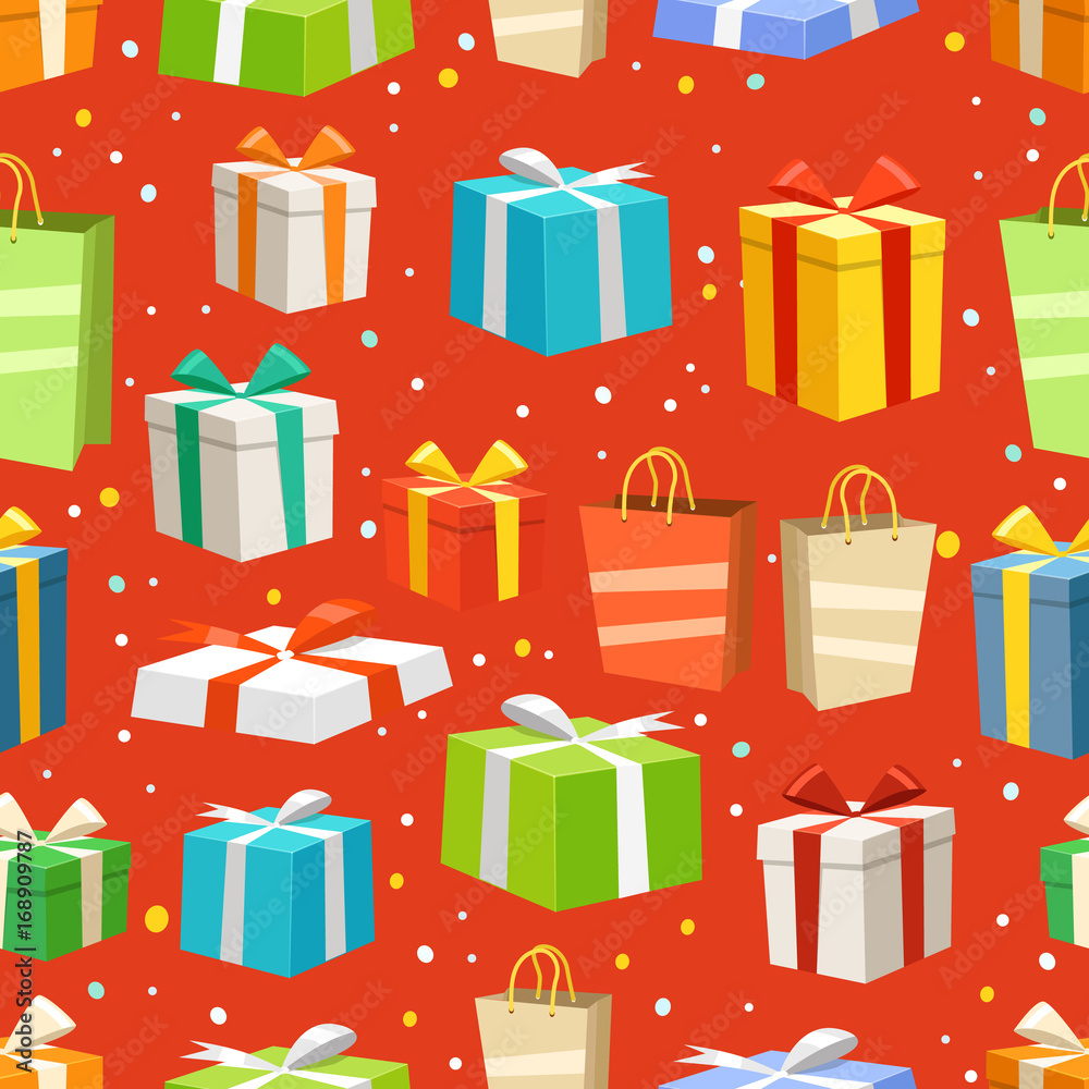 Poster Different color gift boxes seamless pattern. Vector design elements