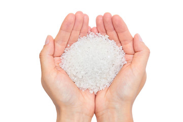 holding sea salt isolated on white background