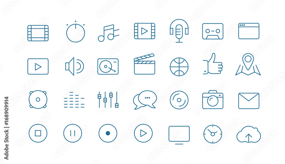 Poster Modern media web and mobile app thin line icons collection