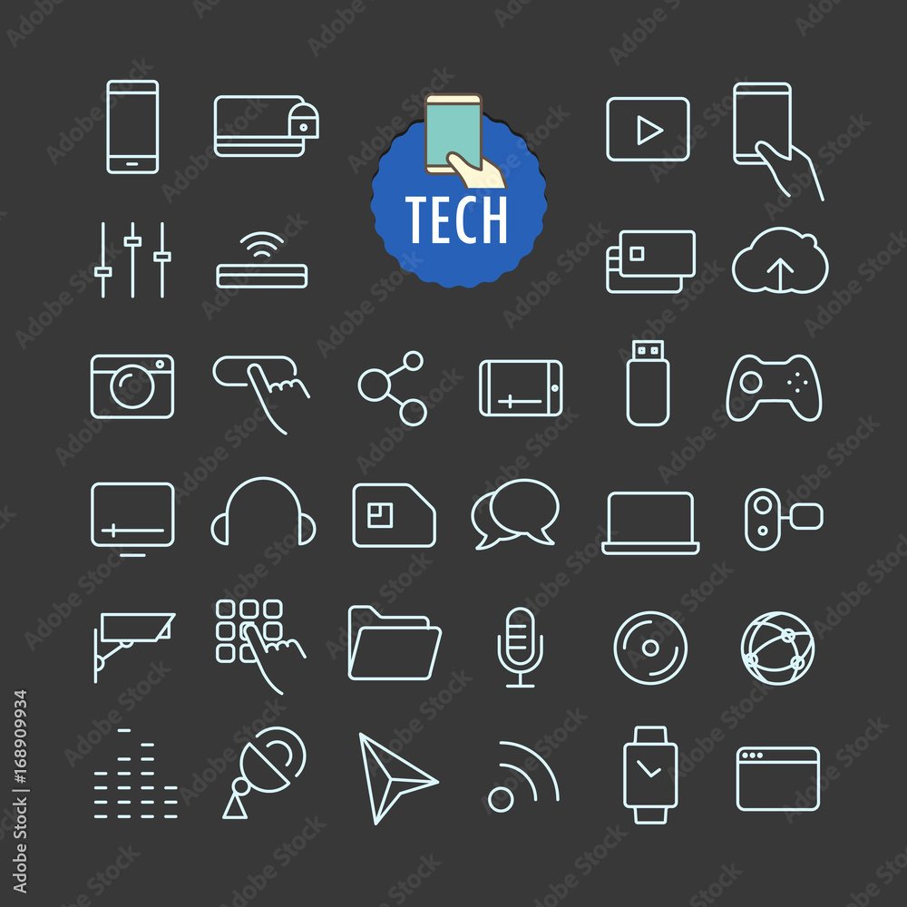 Fototapete different tech icons vector collection. web and mobile app outline icons set on dark background