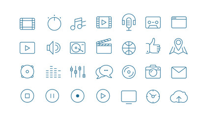 Modern media web and mobile app thin line icons collection