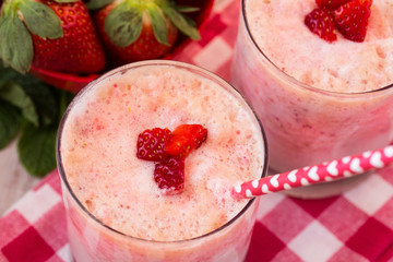 Strawberry Banana Breakfast Smoothies WithFresh Fruit Close Up