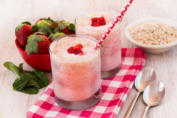 Breakfast Strawberry Banana Smoothies With Oats and Mint and Fresh Fruit