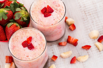 Tasty Strawberry Banana Breakfast Smoothies With Fresh Cut Fruit