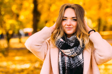 Closeup portrait on orange background in october