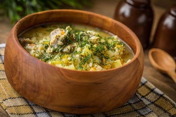 Soup with barley and chicken gizzards.