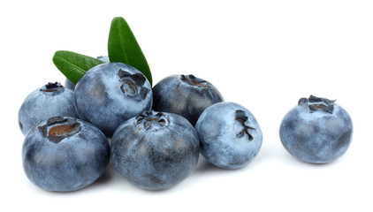 blueberries with green leaf isolated on white background. macro