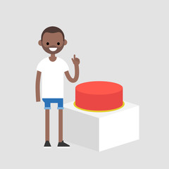 Young black character pushing the big red button / flat editable vector illustration, clip art