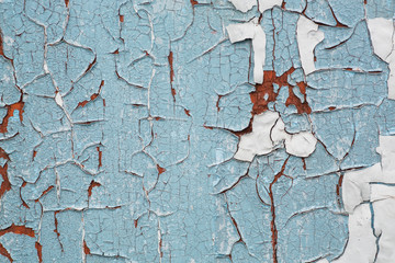 Historical abstract colorful rusty background. Blue paint flaking and cracking on wood texture
