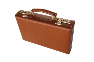 Brown leather suitcase with combination lock and gold locks isolated on white