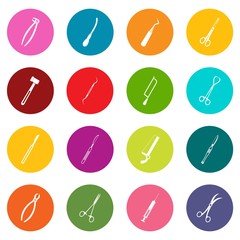 Surgeons tools icons many colors set