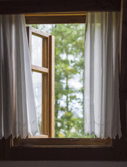 rustic wooden window with white curtains with view on defocused green trees