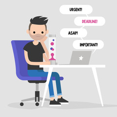 Procrastination concept. Young character staring at the lava lamp instead of working / flat editable vector illustration, clip art