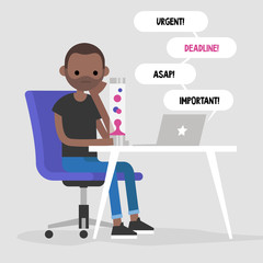 Procrastination concept. Young black character staring at the lava lamp instead of working / flat editable vector illustration, clip art